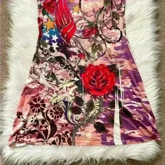 Ocean Blue Y2K Pink and Crystal Embellished Traditional Tattoo Print Dress Med - Picture 4 of 8